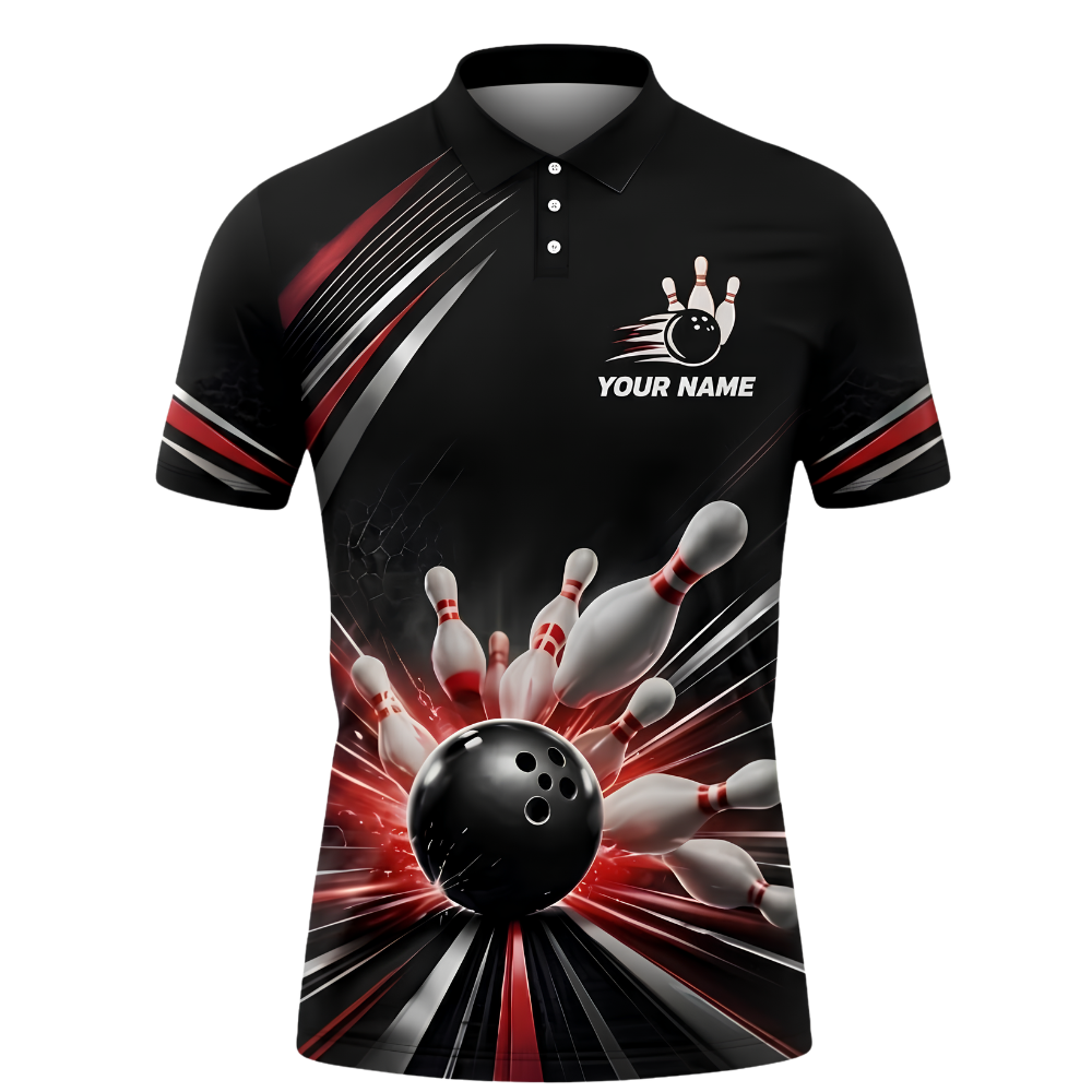 Custom Men's Team Red Black Bowling Polo Shirt, Custom Bowling Shirt BZ1010