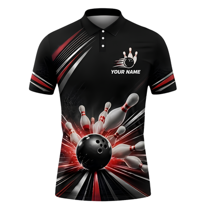 Custom Men's Team Red Black Bowling Polo Shirt, Custom Bowling Shirt BZ1010