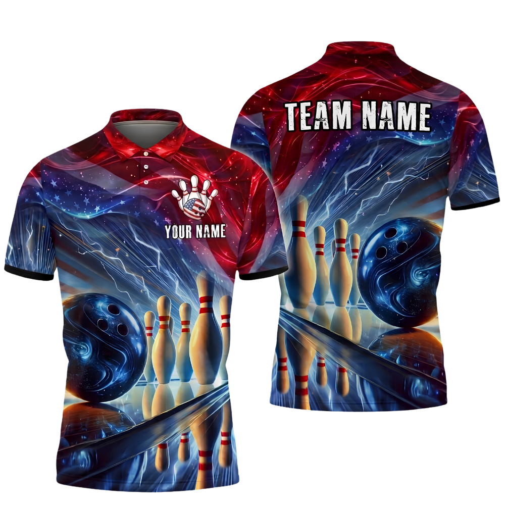 Custom Neon American Flag Bowling Polo Shirt For Men, Custom Patriotic Bowling Team Shirts BZ0906