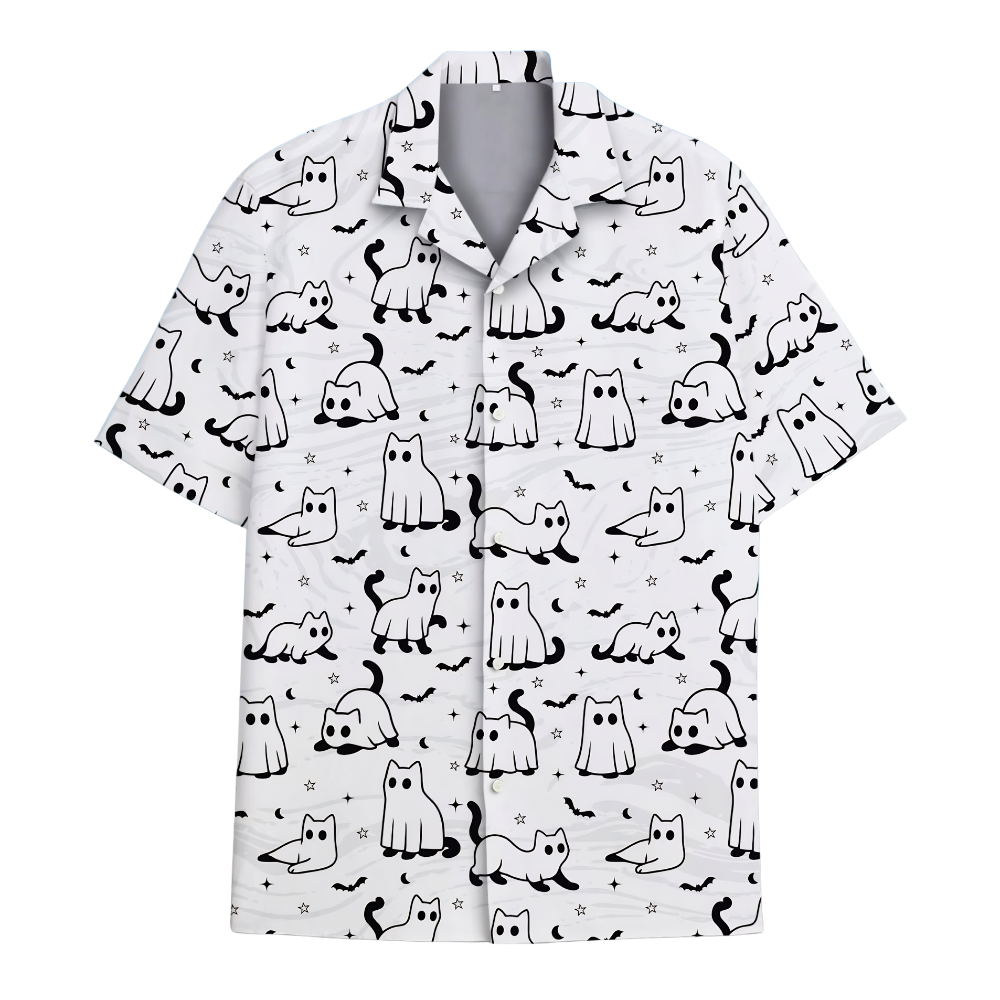 Ghost Cat Funny Hawaiian Shirt White Black, Cat Lover Halloween Hawaiian Shirt HE0813