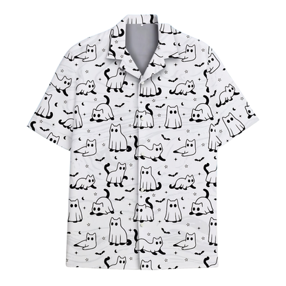 Ghost Cat Funny Hawaiian Shirt White Black, Cat Lover Halloween Hawaiian Shirt HE0813