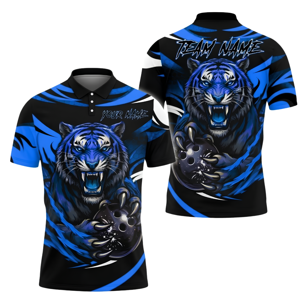 Custom Tiger Men's Black Orange Bowling Polo Shirt, Custom Tiger Team Bowling Shirt BZ1017