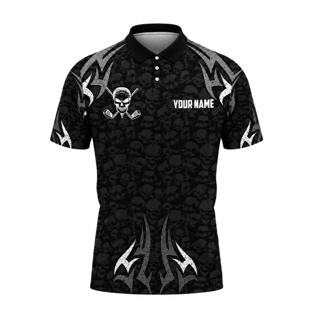 Custom Skull Black Polo Golf Team Shirts For Men, Customize Skull Golf Shirts GZ0410