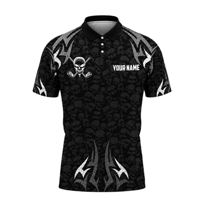 Custom Skull Black Polo Golf Team Shirts For Men, Customize Skull Golf Shirts GZ0410