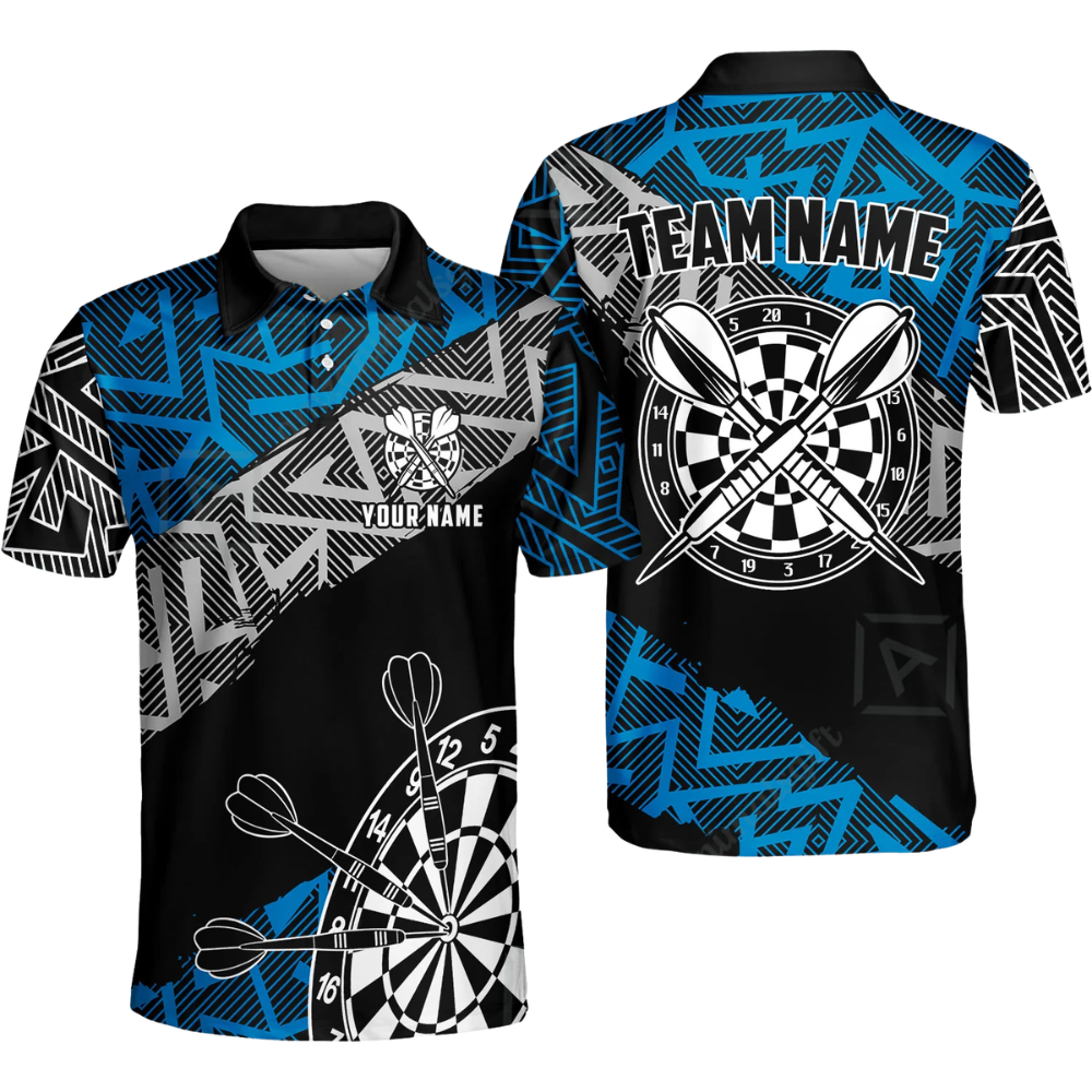 Custom Team Zigzag Black Cyan Men's Dart Polo Shirt, Custom Dart Team Shirts DZ0100