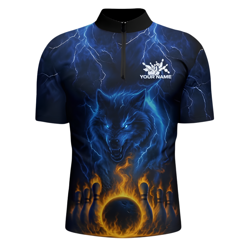 Custom Wolf Blue Lightning Bowling Jersey For Men, Custom Wolf Bowling Team Shirt BZ1005