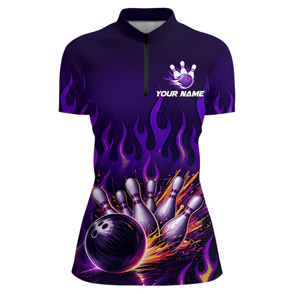 Purple Flaming Custom Womens Bowling Jersey, Custom Flame Bowling Shirts Ladies BZ0862