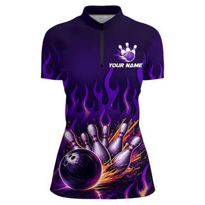 Purple Flaming Custom Womens Bowling Jersey, Custom Flame Bowling Shirts Ladies BZ0862