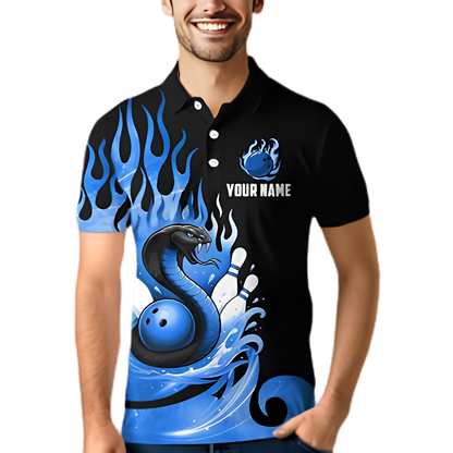 Custom Snake Blue Flame Bowling Polo Shirt For Men, Custom Snake Team Bowling Shirt BZ0898