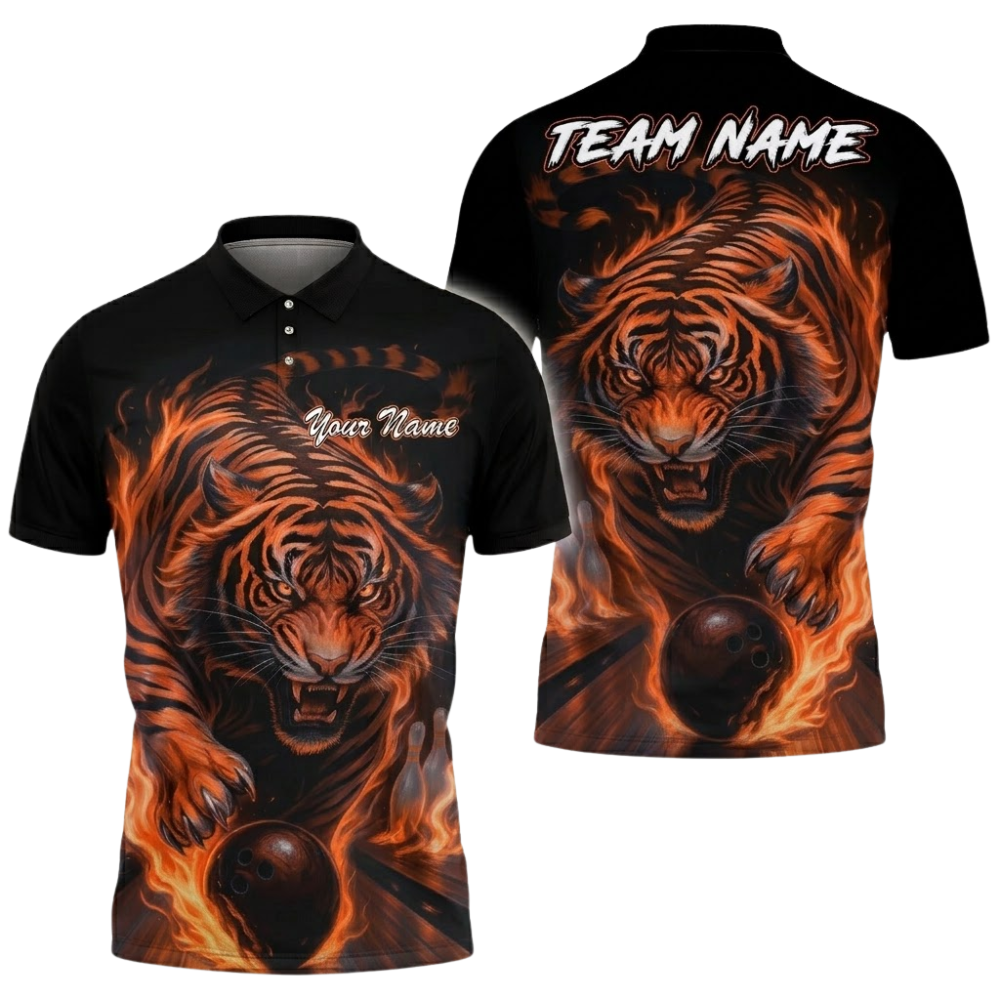 Tiger Flame Custom Mens Blue Bowling Polo Shirt, Custom Tiger Bowling Shirt Team BZ0831