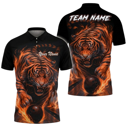 Tiger Flame Custom Mens Blue Bowling Polo Shirt, Custom Tiger Bowling Shirt Team BZ0831