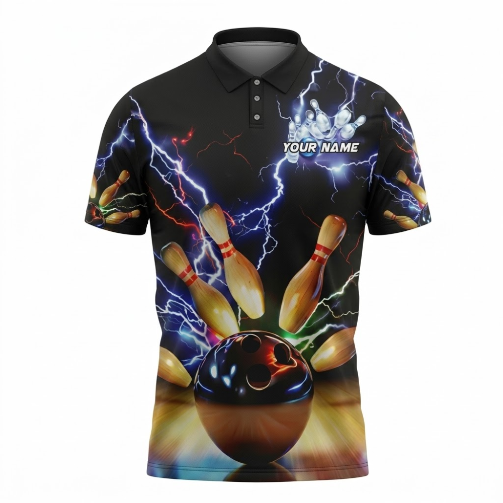 Custom Thunder 3D Bowling Polo Shirt For Men, Custom Team Thunder Bowling Shirt BZ0838