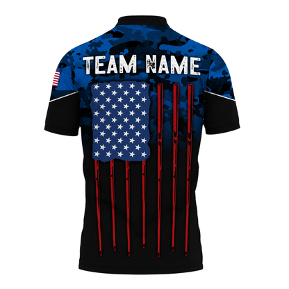 Custom Blue Camo USA Flag Men's Billiard Polo Shirt, Custom Patriotic Camo Billiard Team Shirts BIZ0315