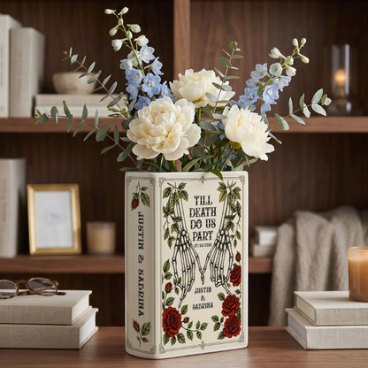 Till Death Do Us Part Custom Couple Skeleton Wedding Anniversary Ceramic Book Vase, Custom Skull Book Vase For Wedding WD0621