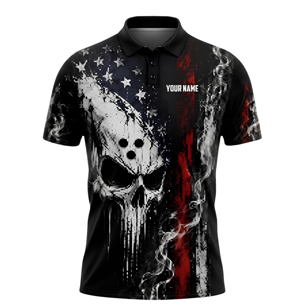 Custom Skull USA Flag Grunge Bowling Polo Shirt Men, Custom Skull Bowling Team Shirt BZ0998