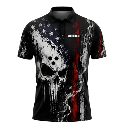 Custom Skull USA Flag Grunge Bowling Polo Shirt Men, Custom Skull Bowling Team Shirt BZ0998