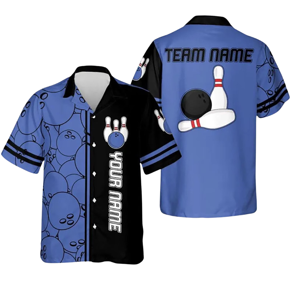 Custom Retro Black Cyan Bowling Hawaiian Shirt For Men Women, Custom Retro Team Bowling Shirt BE0222