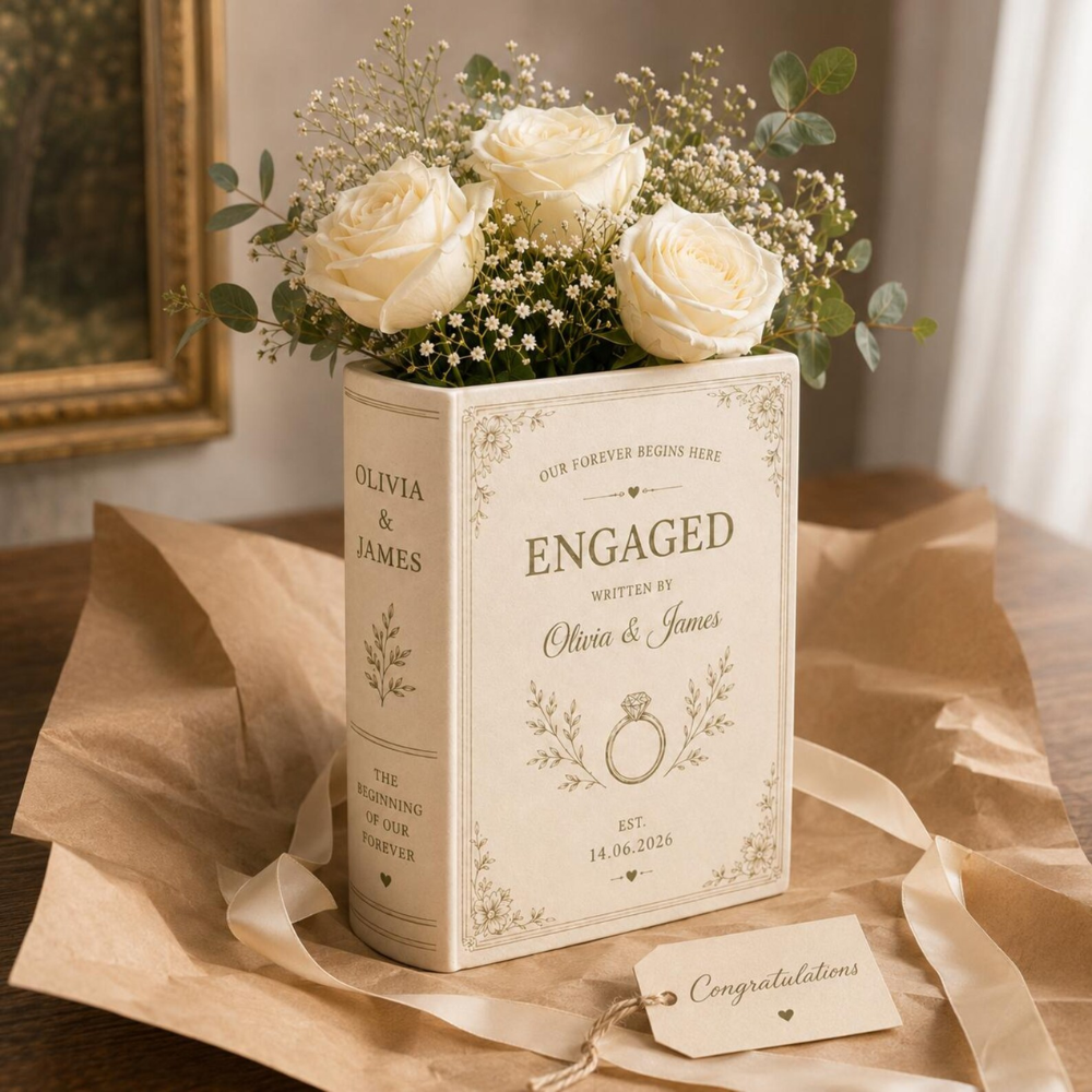 Personalized Engaged Ceramic Book Vase, Custom Engagement Book Vase WD0628