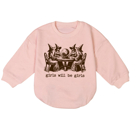 Girls Will Be Girls Witch Baby Romper Sweatshirt, Halloween Baby Romper Sweatshirt BB0012
