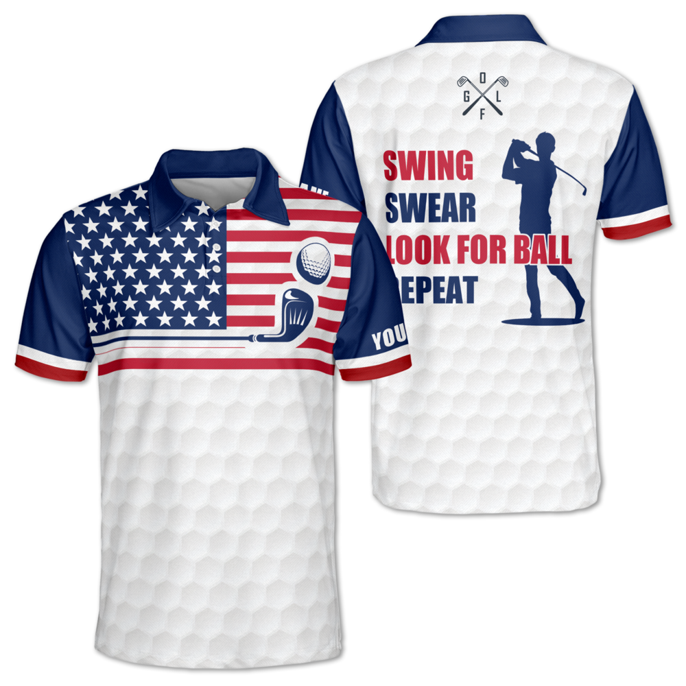 Swing Swear Look For Ball Repeat Custom USA Flag Golf Polo Shirt Mens, Custom Funny Patriotic Golf Shirt GM0437