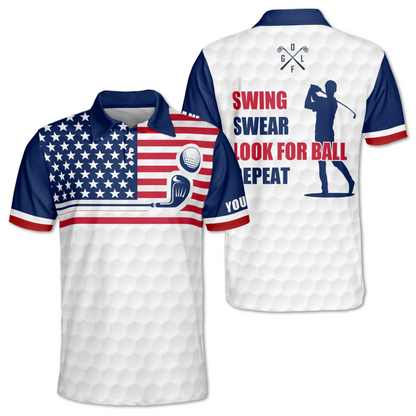 Swing Swear Look For Ball Repeat Custom USA Flag Golf Polo Shirt Mens, Custom Funny Patriotic Golf Shirt GM0437