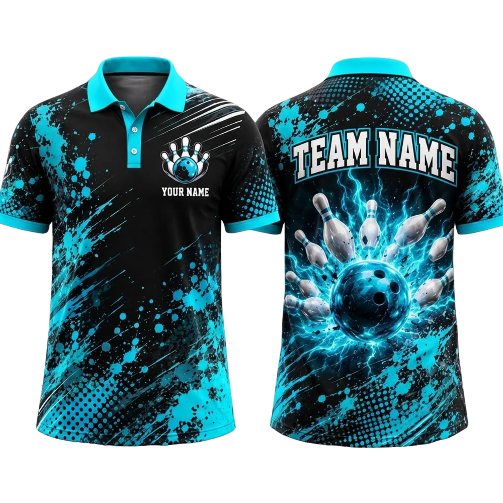 Custom Blue Thunder Bowling Polo Shirt For Men, Custom Team Bowling Shirts BE0241