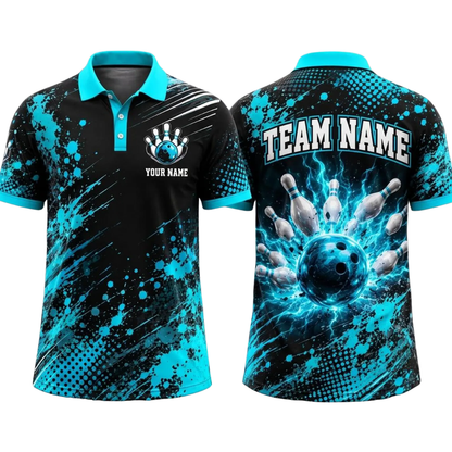 Custom Blue Thunder Bowling Polo Shirt For Men, Custom Team Bowling Shirts BE0241