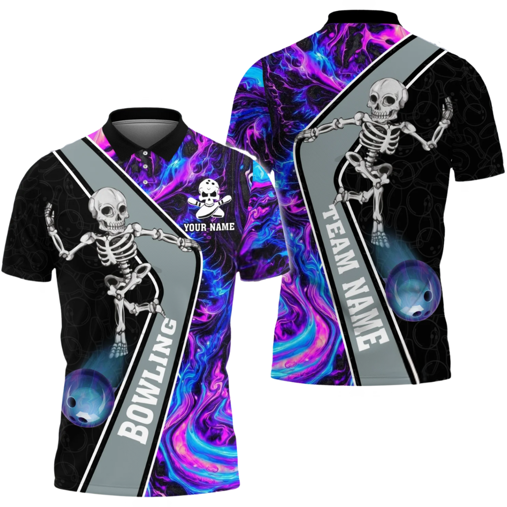 Custom Skeleton Flame Bowling Mens Polo Shirt, Custom Skull Bowling Team Shirts BZ0649