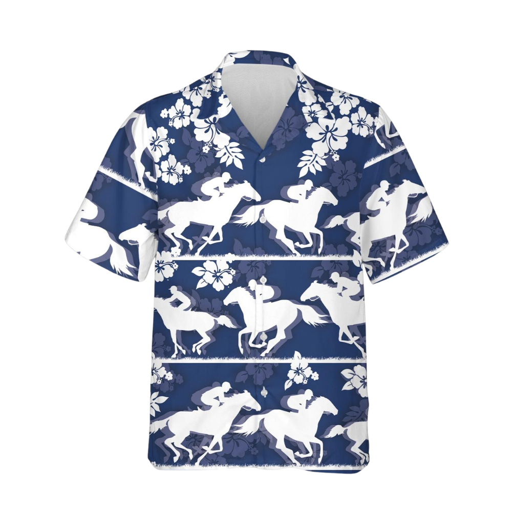 Horse Racing Tropical Mens Hawaiian Shirt Blue White, Horse Racing Hawaiian Shirt HE0770
