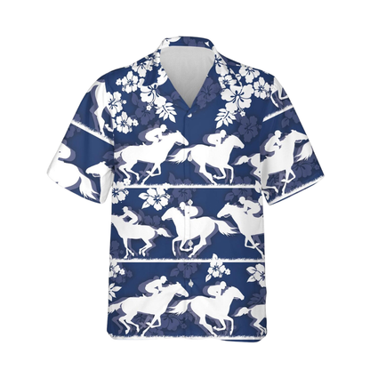 Horse Racing Tropical Mens Hawaiian Shirt Blue White, Horse Racing Hawaiian Shirt HE0770