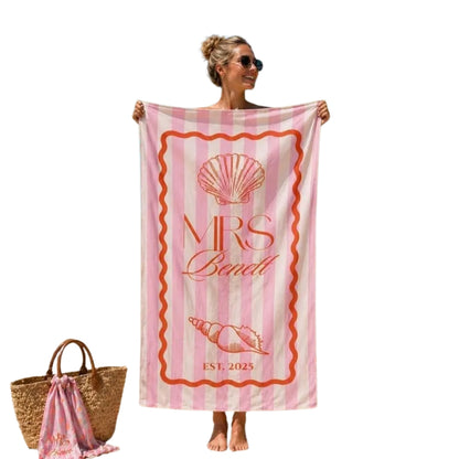 Personalized Mr and Mrs Fisher Beach Towel, Custom Newlyweds Honeymoon Wedding Beach Towel For Couple WD0247