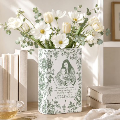 Custom Photo Mother of The Bride Toile de Jouy Ceramic Book Vase, Custom Wedding Book Vase For Mother Of Bride WD0639