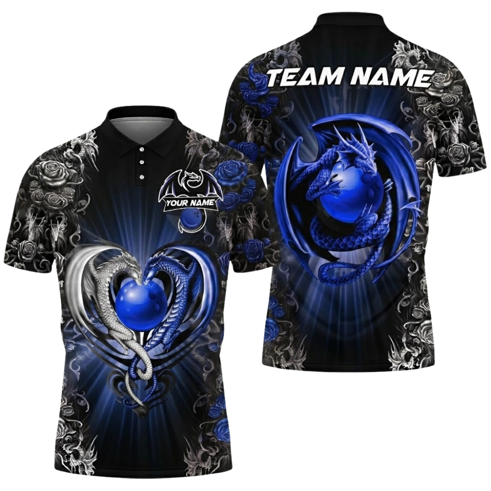 Dragon And Rose Custom Mens Red Black Bowling Polo Shirt, Custom Dragon Bowling Team Shirts BZ0824