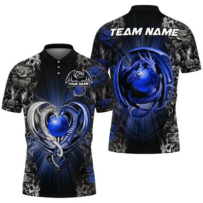 Dragon And Rose Custom Mens Red Black Bowling Polo Shirt, Custom Dragon Bowling Team Shirts BZ0824