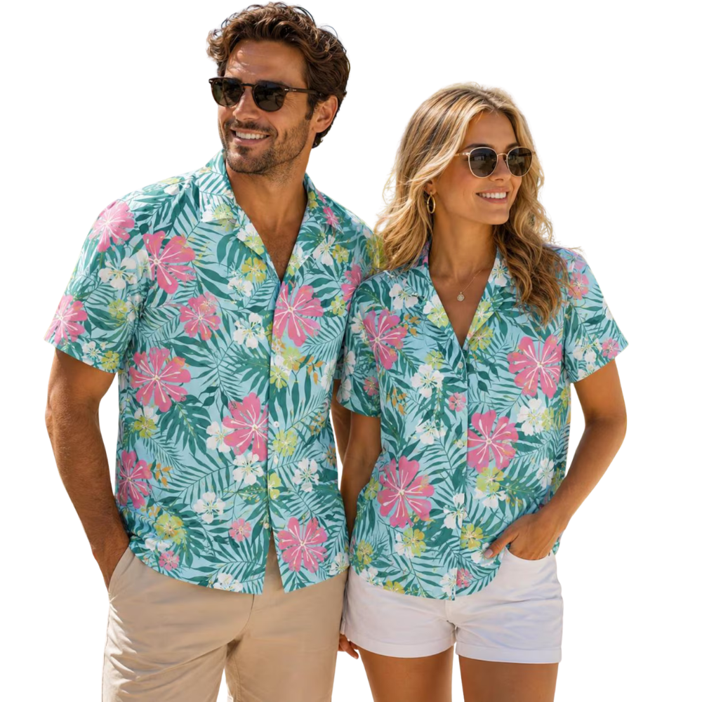 Tropical Floral Pink Cyan Matching Family Hawaiian Shirt, Tropical Family Hawaiian Shirts ET1092