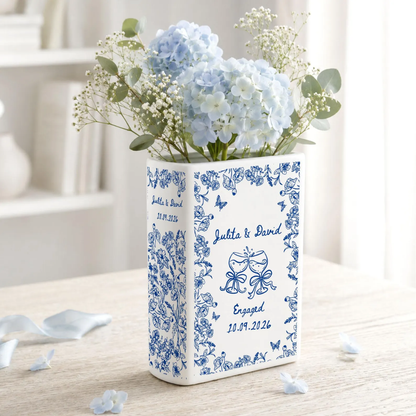 Custom Couple Name  Engeged Toile De Jouy Ceramic Book Vase, Personalized Engagement Book Vase WD0624