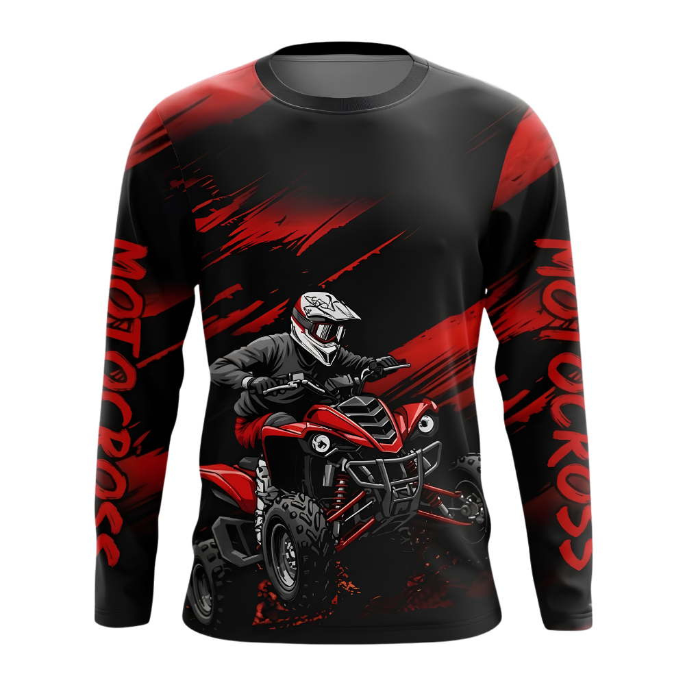 Personalized ATV Rider Black Red Dirt Bike Long Sleeve Racing Jersey For Men, Custom ATV Motocross Shirt MZ0128