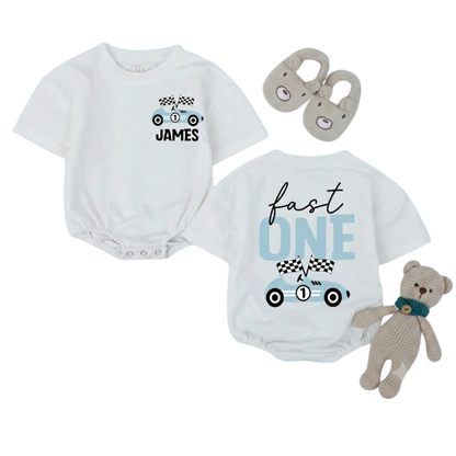 Custom Name Fast One Birthday Baby T Shirt Romper, Custom Racing First Birthday Baby Romper BB0267