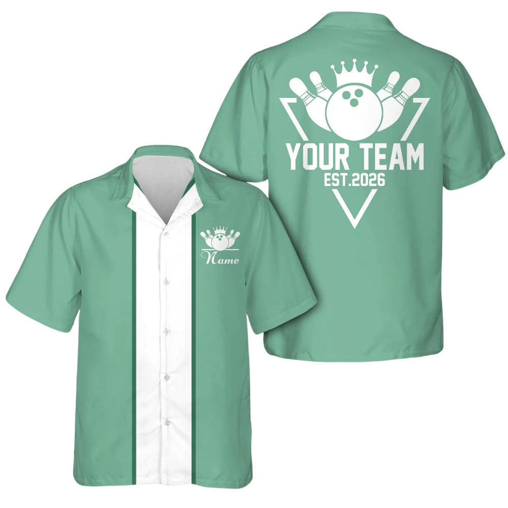 Custom Blue White Vintage Bowling Hawaiian Shirt With Year For Men, Custom Vintage Bowling Shirt BE0199