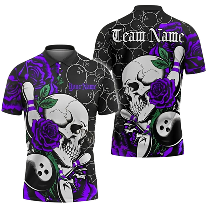 Red Rose And Skeleton Custom Bowling Men Polo Shirt, Custom Skull Bowling Shirts Team BZ0684