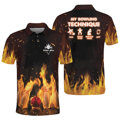 My Bowling Technique Custom Blue Red Flame Polo Shirt For Men, Custom Funny Flame Bowling Shirts BZ0497