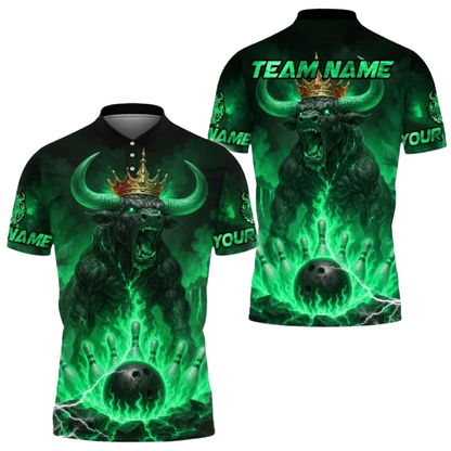 King Bull Custom Mens Flame Bowling Polo Shirt, Custom Bull Bowling Team Shirts BE0221