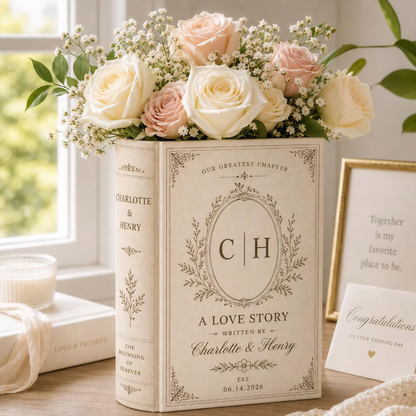 A Love Story Custom Couple Name Initials Wedding Ceramic Book Vase, Custom Wedding Engagement Anniversary Book Vase WD0614