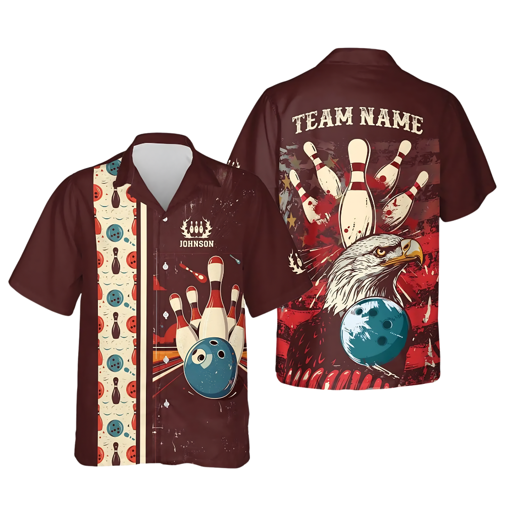Custom Eagle Retro Men's Bowling Hawaiian Shirt, Custom Retro Bowling Shirt Team BE0259