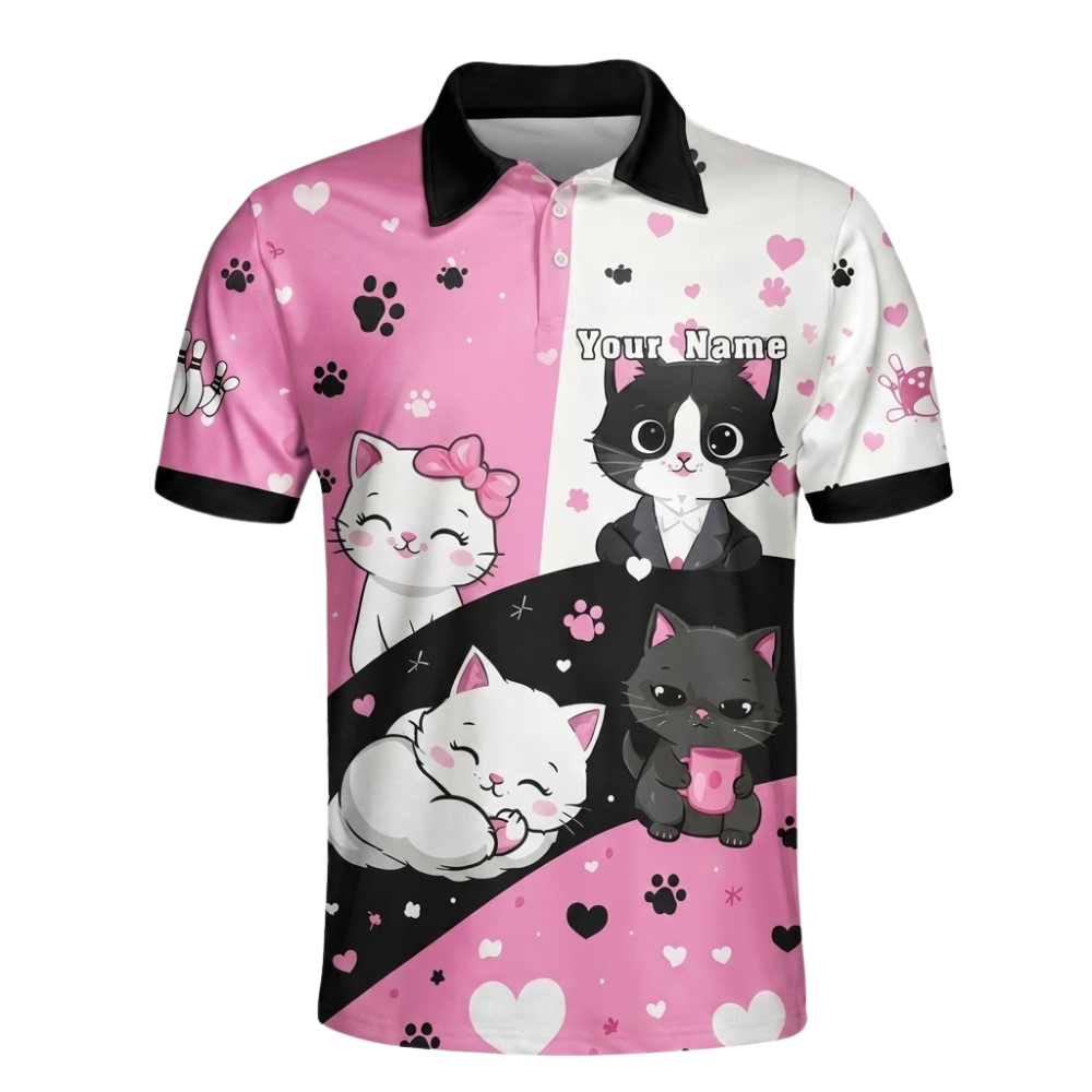 Custom Cat Pink White Bowling Polo Shirt For Men, Custom Cat Team Bowling Shirts BZ0853
