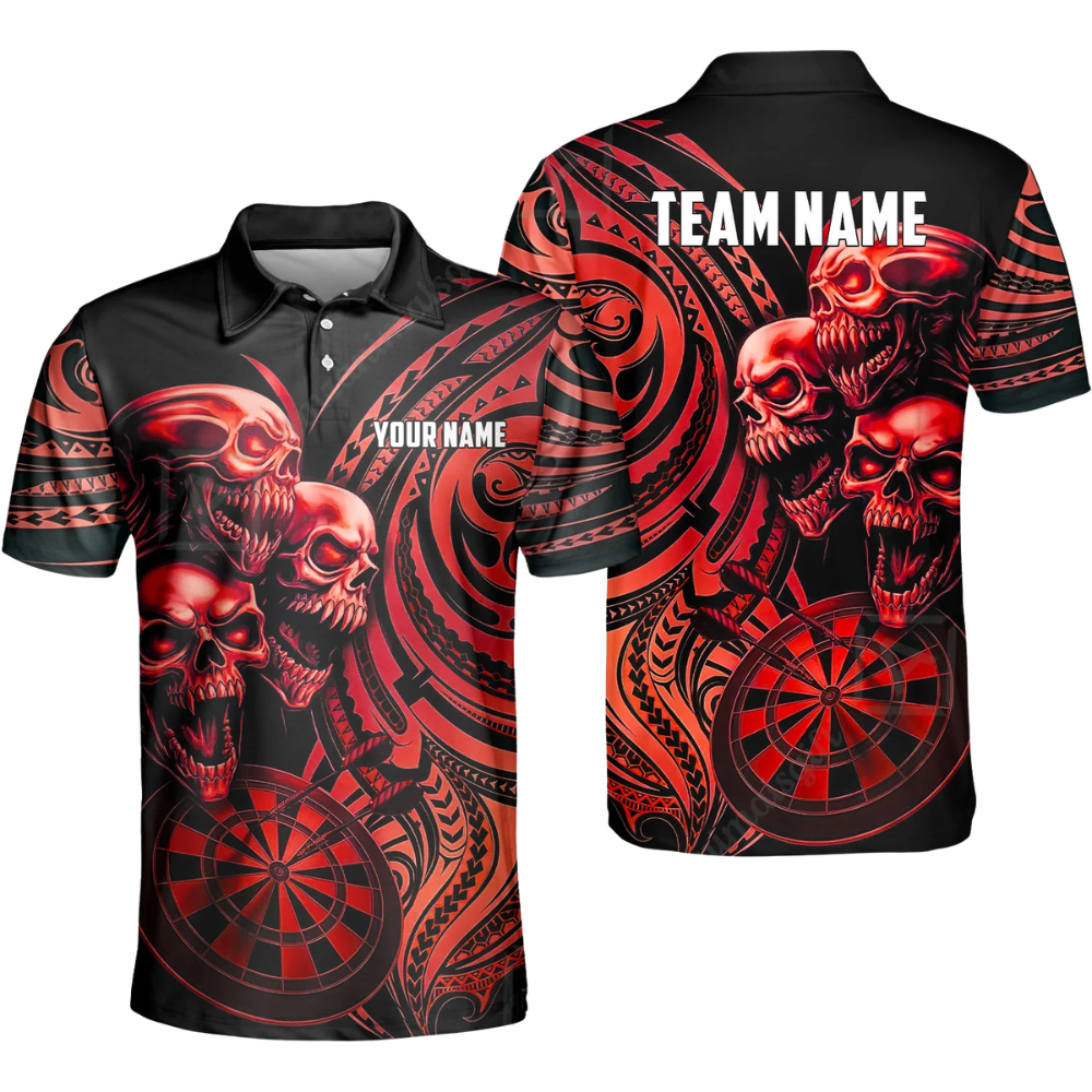 Custom Skeleton Black And Cyan Darts Mens Polo Shirt, Custom Skull Dart Shirt For Team DZ0102