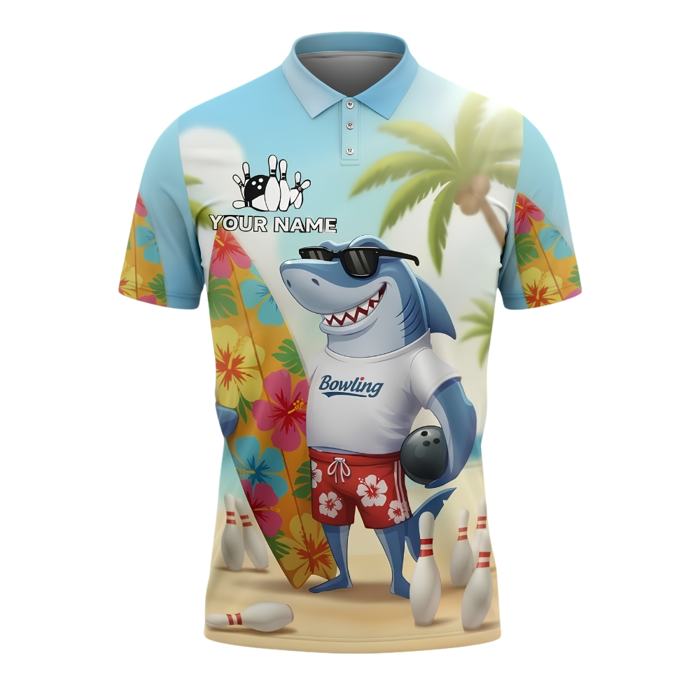 Custom Funny Shark Tropical Bowling Polo Shirt For Men, Custom Shark Bowling Team Shirts BZ1021