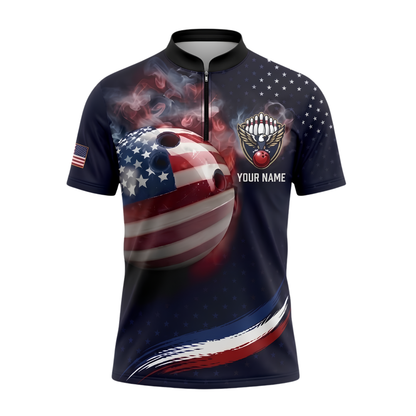 Custom Ball American Flag Smoke Men's Bowling Polo Shirt, Custom Patriotic Bowling Shirt Team BZ0955
