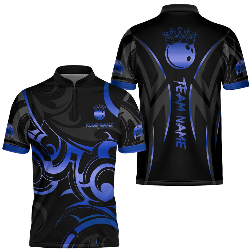 Custom Tribal Black And Cyan Bowling Jersey Shirt For Men, Custom Tribal Bowling Team Shirts BZ0616