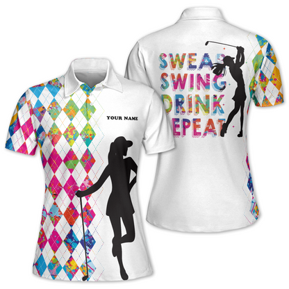 Swear Swing Drink Repeat Custom Colorful Argyle Women's Golf Polo Shirt, Women's Custom Funny Golf Shirts GW0073